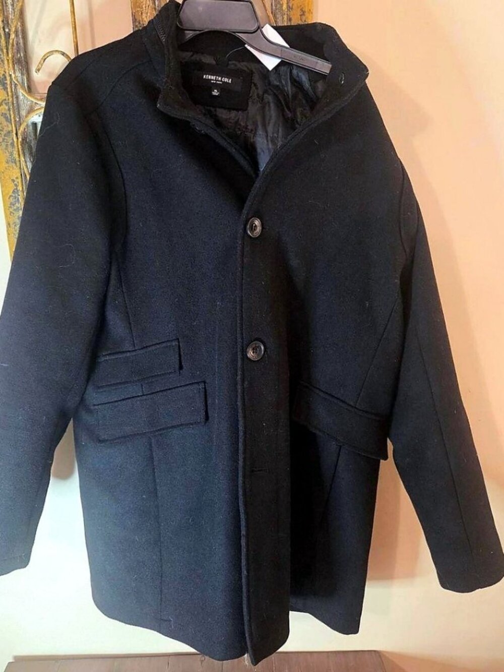 Kenneth Cole New York Men's Black Wool Blend Car Coat Quilted Lining Size XL